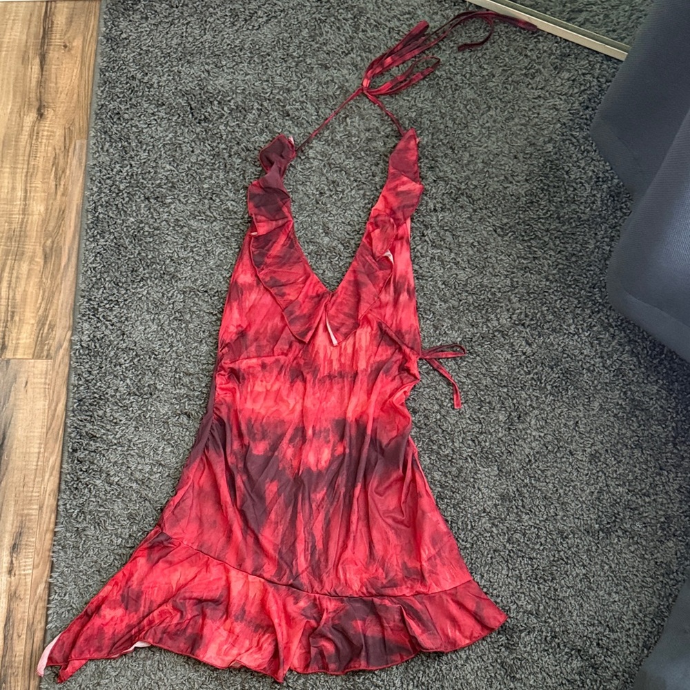 Red and Black Tie-Dye Halter Dress